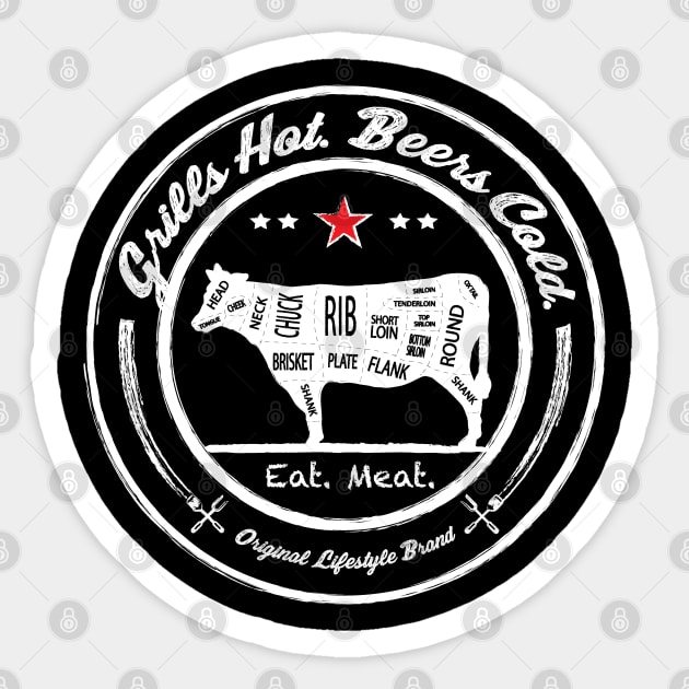 Grills Hot. Beers Cold. : Eat. Meat. Sticker by FOOTBALL IS EVERYTHING